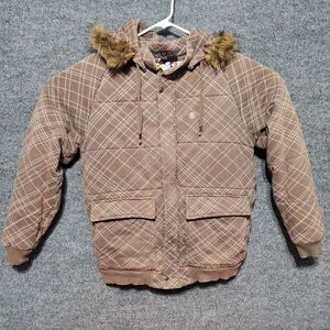 Element Vtg Y2K Faux Fur Hoodie Heavy Zip Up Chore Jacket Womens XL Skate Plaid